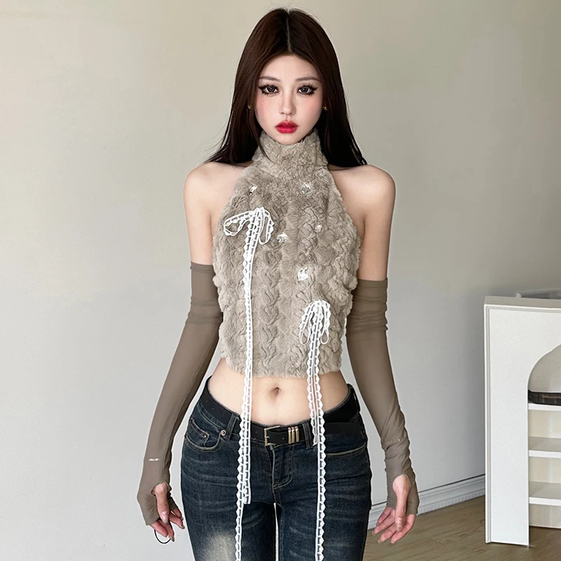 Designer Gentle Style Soft Glutinous Fur Halter Turtleneck Vest Niche Bow  Top