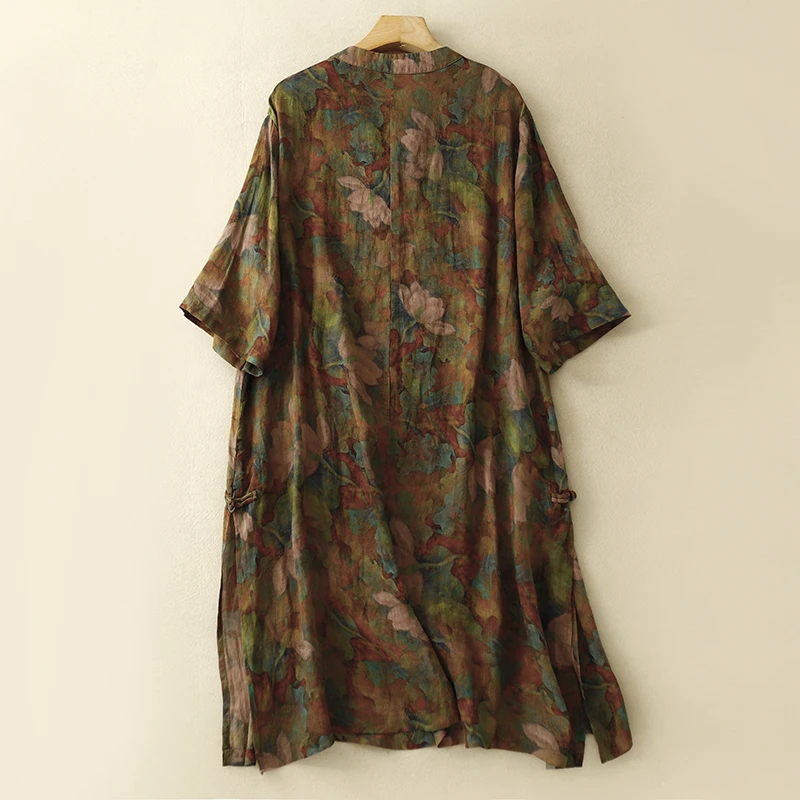 Bawełniana lniana odzież damska 2024 Summer New Ramie Print Vintage Stand Collar Half Sleeve Loose Casual Shirt Dress X1091