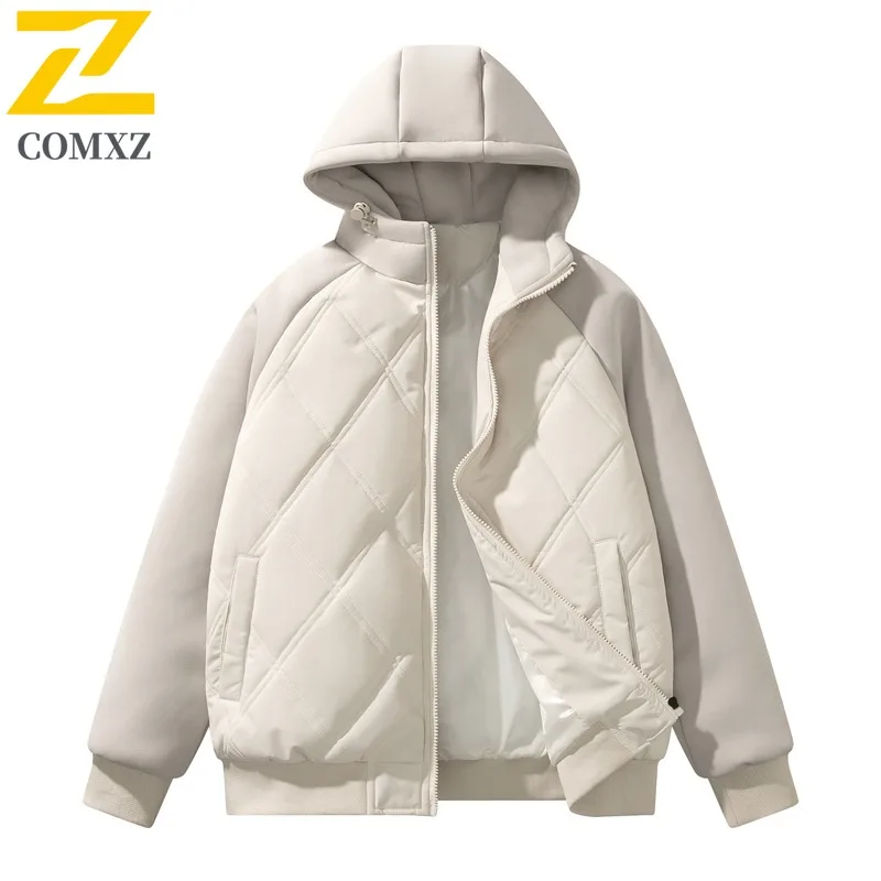 COMXZ New Cotton Coat Hooded Diamond Quilted Men Winter Korean Style Jacket Trendy Loose Thicken Casual Windbreaker Mens Jacket