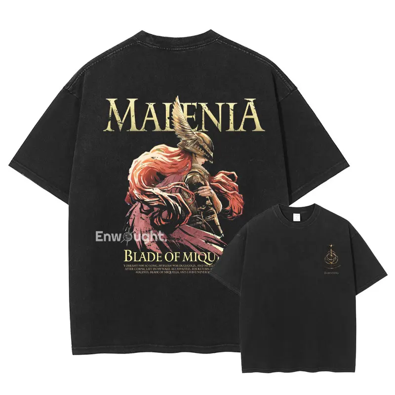 Elden Malenia Ring T Shirt Goddess of Rot PC Game Vintage Washed Tops Tees Oversized Short Sleeve T-shirt Man 100% Cotton