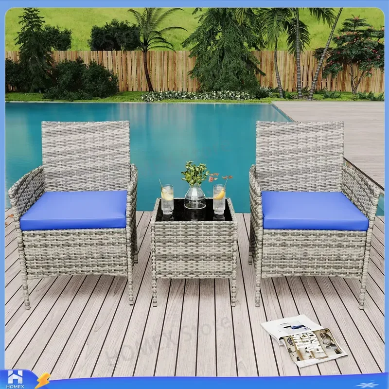 3 Pieces Patio Furniture Set, Rattan Outdoor Furniture with 2 Upholstered Chairs and Coffee Table, Conversation Bistro Set