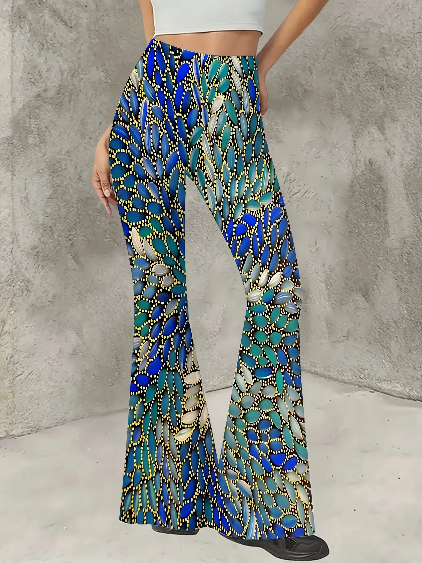 

Women's Striped Print Flare Pants Loose Fit Knit Wide Leg Bell Bottom Trousers