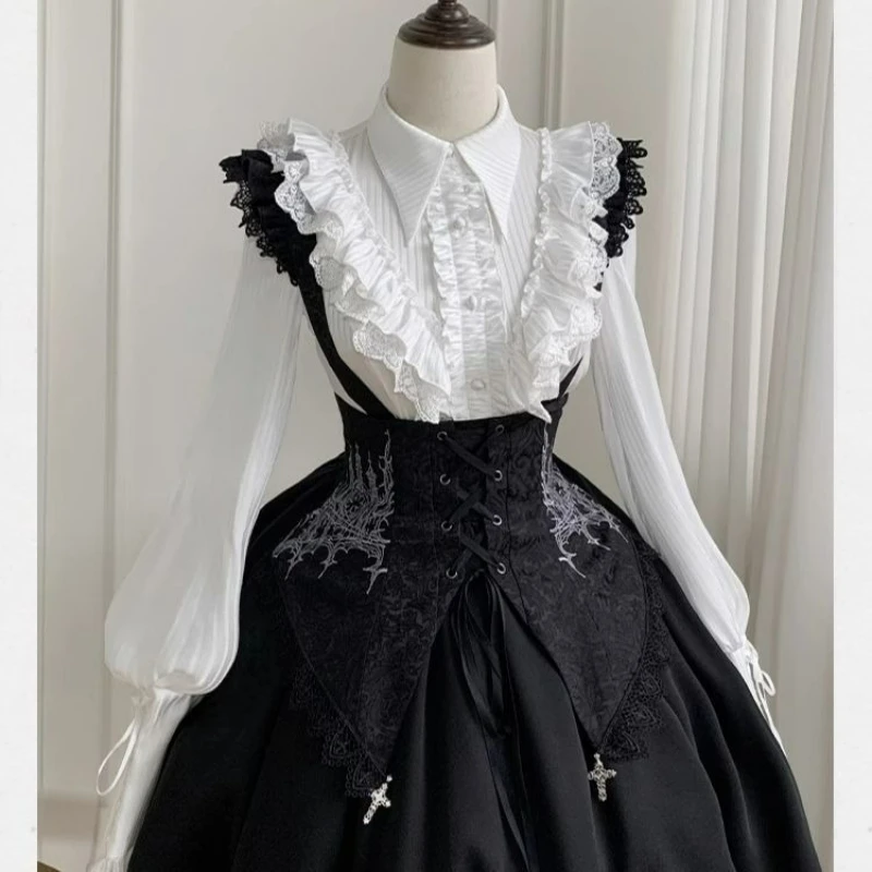 Vintage Blouse Women Y2K Aesthetic Lolita Kawaii Retro Slim Fit Fashion Tops Lace Trim Sweet Ruffle Elegant Casual Ladies Shirts