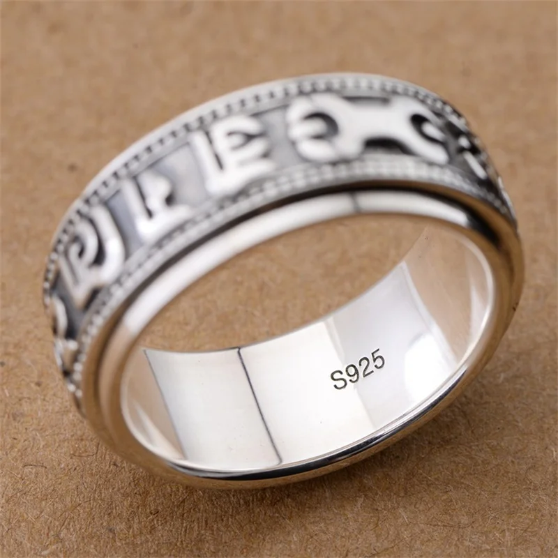 BOCAI S925 Sterling Silver Charms Rings for Men Women Retro Emboss Six Syllable Mantra Rotatable New Fashion Jewelry Wholesale