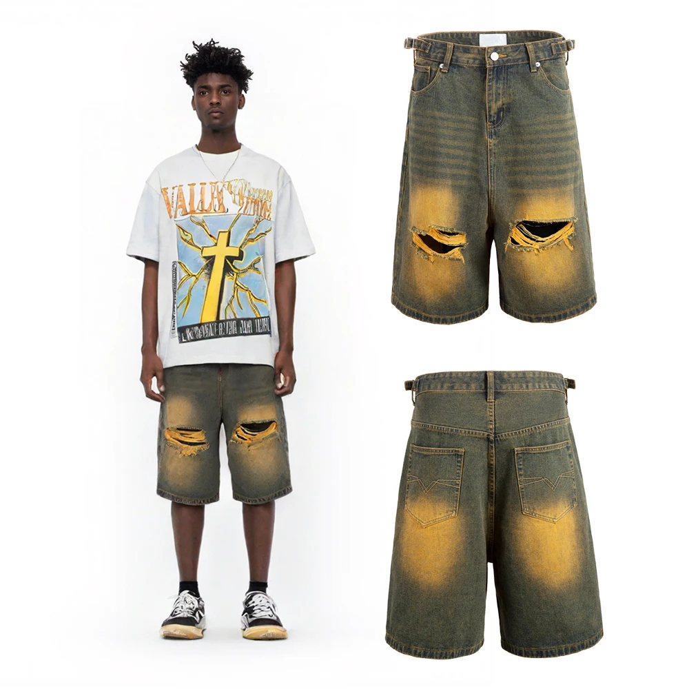 Y2k Streetwear Kleidung Herren Distressed Denim Shorts Jeans Lässige Hip Hop Street Style Retro Vintage Jeans Baggy Shorts für Männer