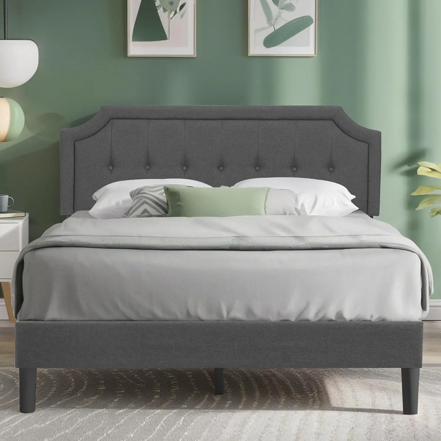 

Queen Size Platform Bed Frame with Fabric Upholstered Headboard and Wooden Slats Support,No Box Spring Needed/Easy Assembly,Grey