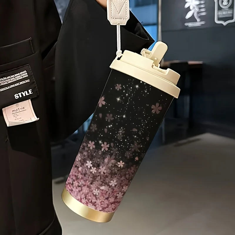 1pc 18oz Stainless Steel Insulated Travel Mug. Starry Sky and Cherry Blossom Pattern Design.. Outdoor Cup. Travel Mug Coffee Cup