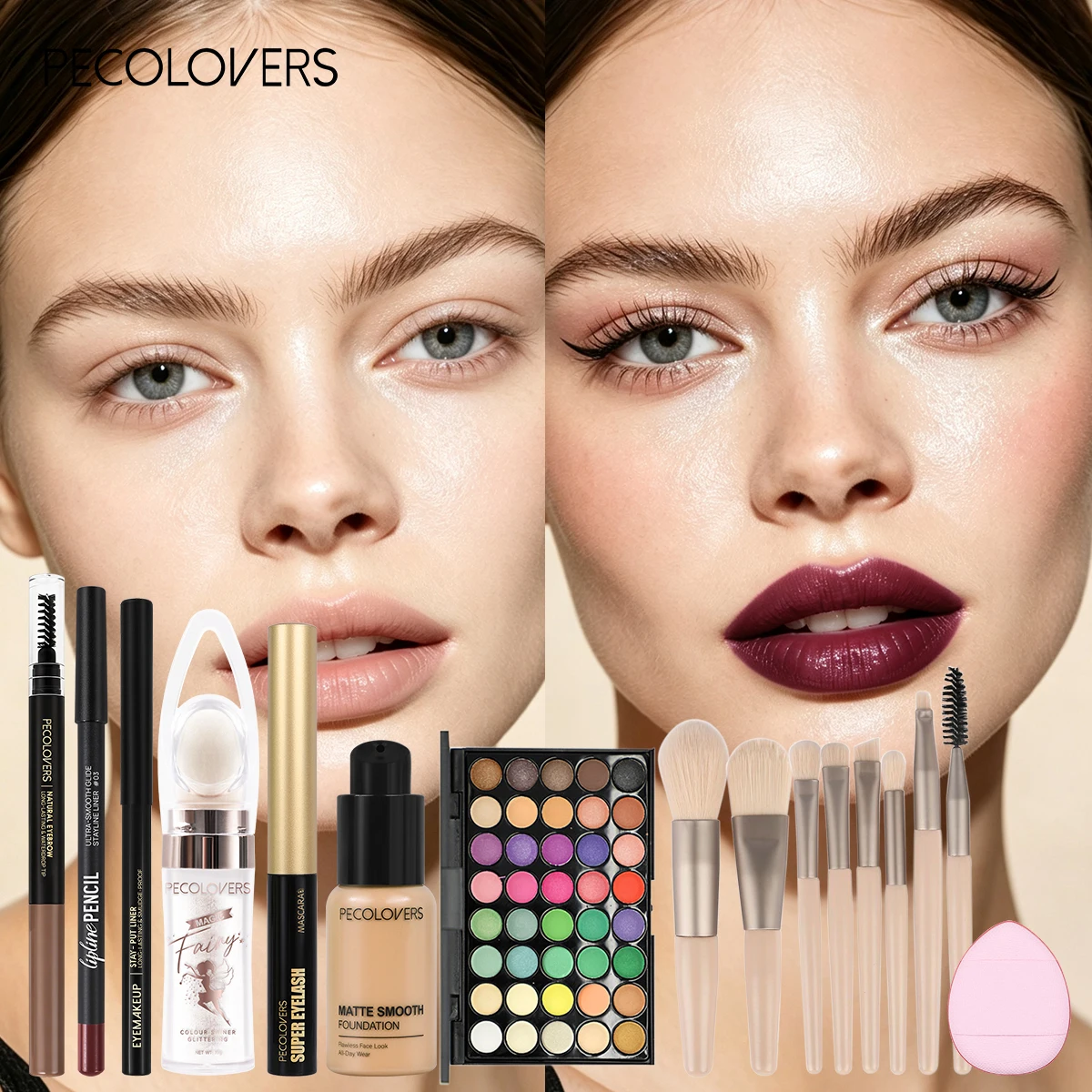 16PCS/SET Bright Multicolor Eyeshadow, Long Lasting Foundation, Primer, Eye Lip Makeup and Soft Makeup Brushes for Party Looks