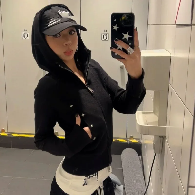 レトロパーカー女性韓国シックなダブルジッパースリムフィットショートスウェットシャツ春秋ストリートパンクグランジフード付きコート