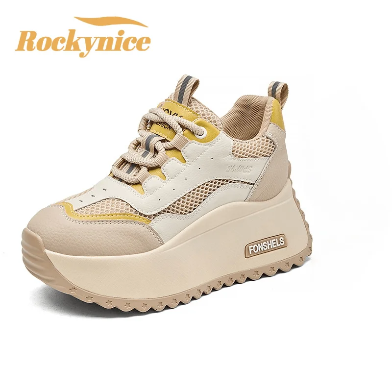 2026 Spring New Breathable Mesh Women White Shoes High Platform Leather Casual Sport Shoes 8.5CM Heels Versatile Chunky Sneakers