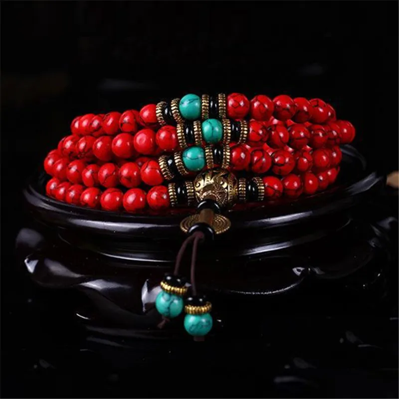 Charms Yoga 108 Red Turquoise Stone With Tassel Bracelet Hand Knotted Buddha Prayer Beads Meditation Mala Necklaces Bracelets