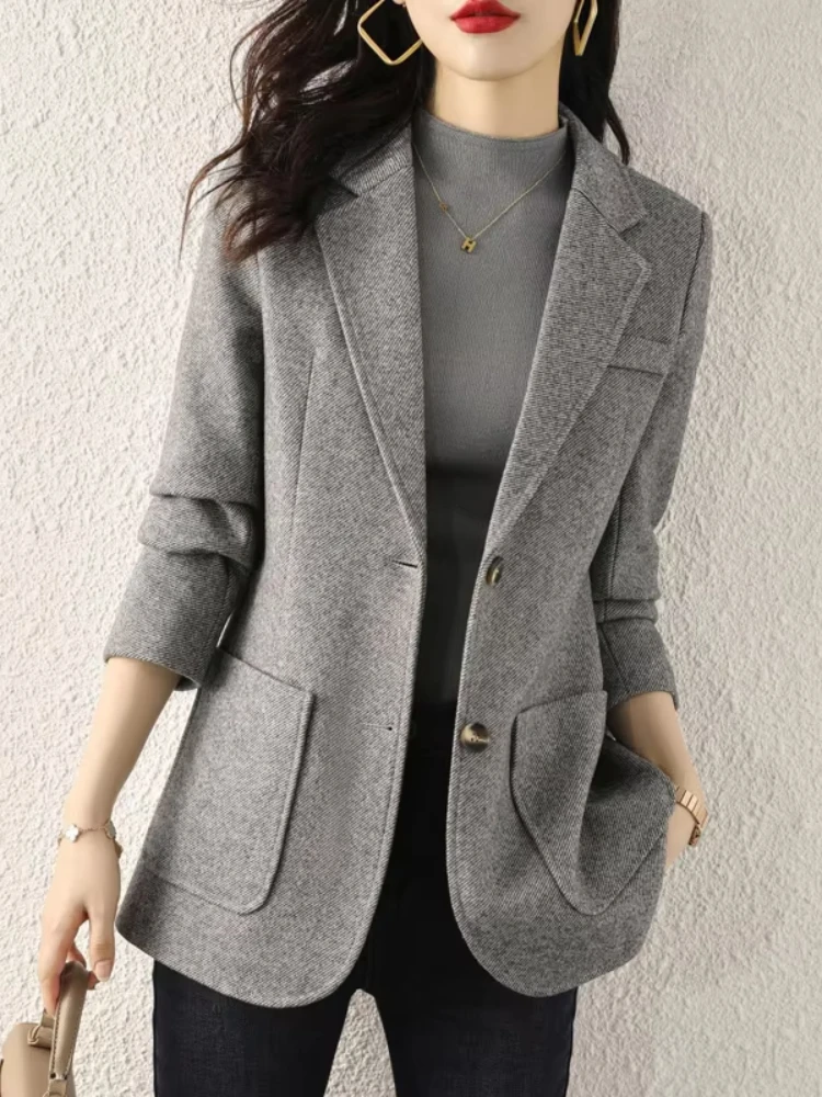 High-End Gray Wool Blazer for Women, Autumn Winter Thickened Casual Loose Korean Style British Chic Suit Jacket Female Coat Top