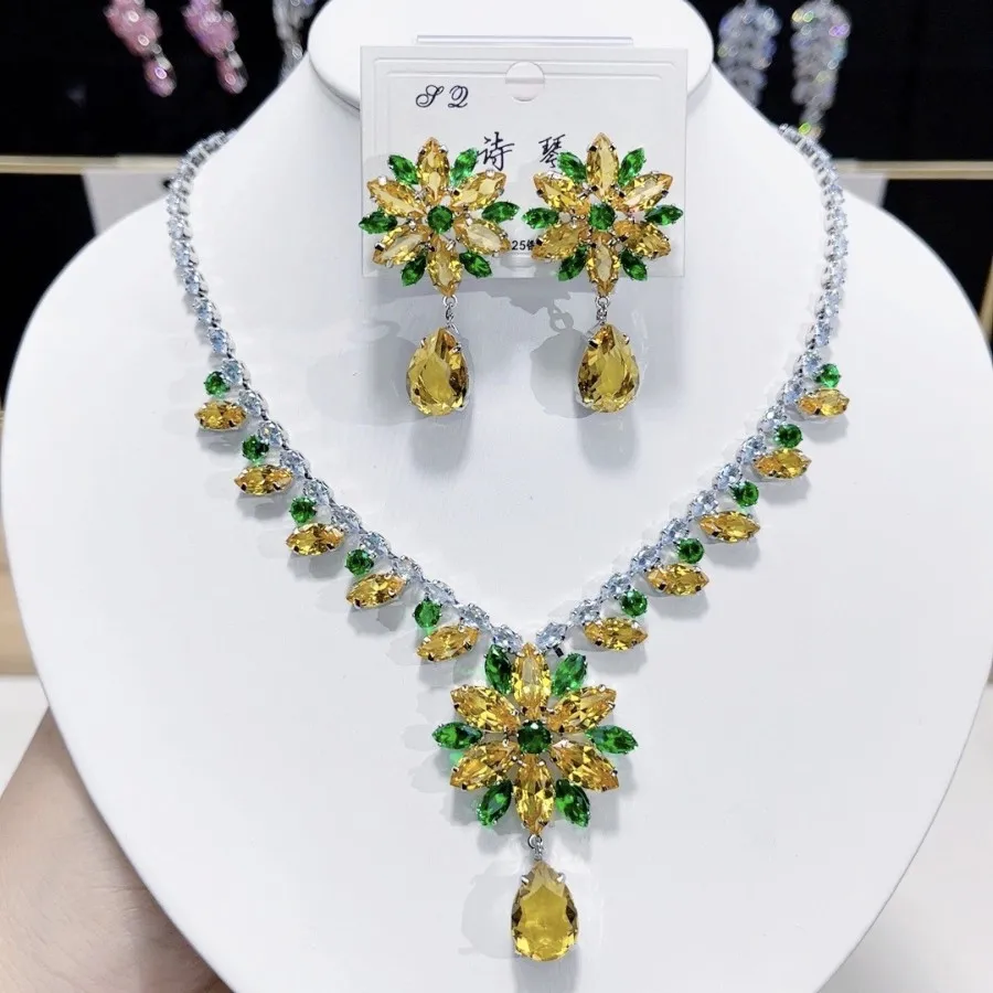 

Luxury Handmade Jewelry Set Cubic Zirconia Flower Necklace Earrings Sets 925 Sterling Silver Posts Women Party Jewelry Gift