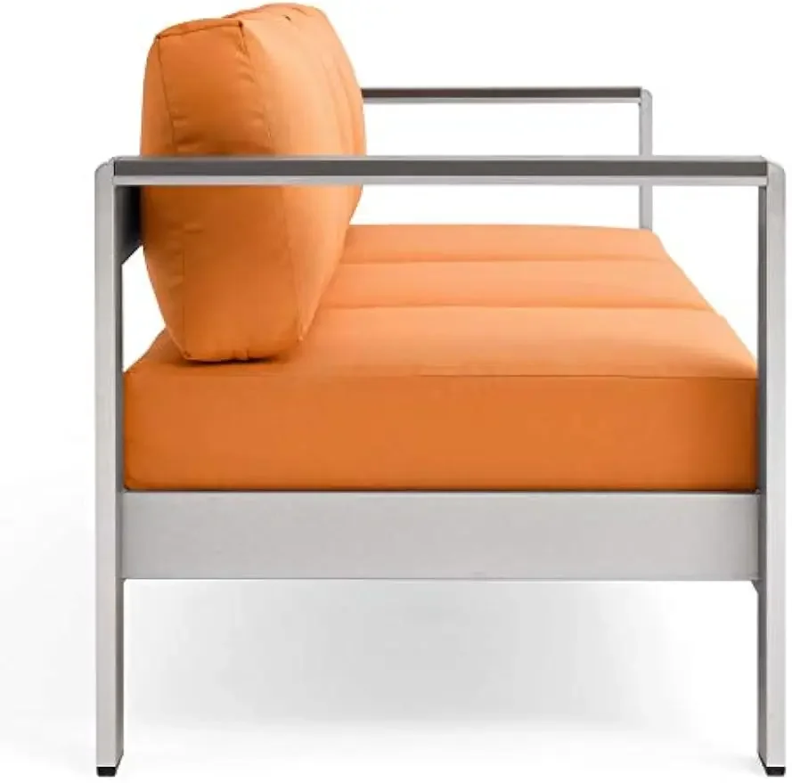 Aluminum Metal Outdoor Patio Sofa With Silver Orange All-Weather Cushions