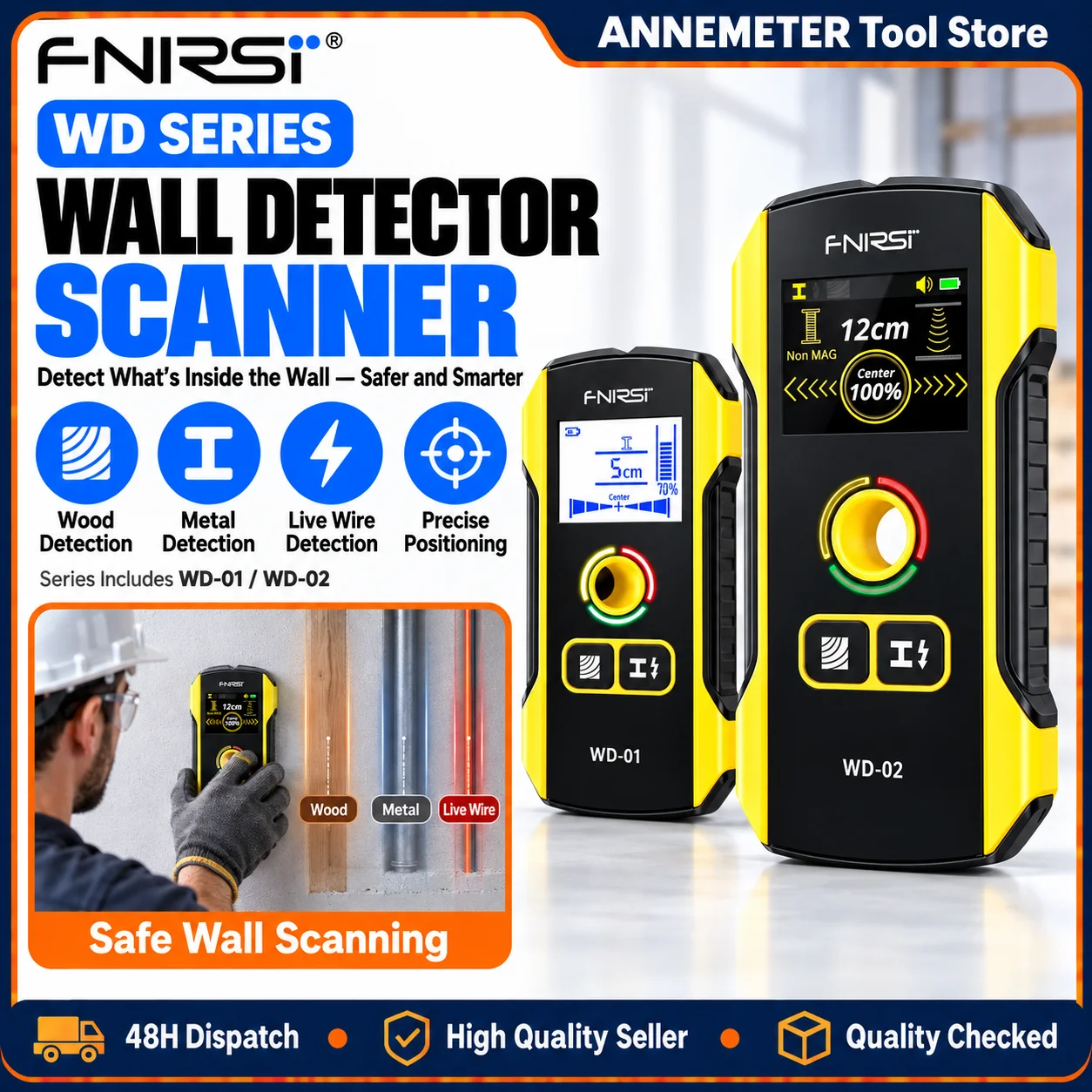 6-in-1 Stud Finder Wall Scanner – TFT Color Display Deep Scan Detector for Drywall Wood Metal Wire – Accurate Positioning Hole