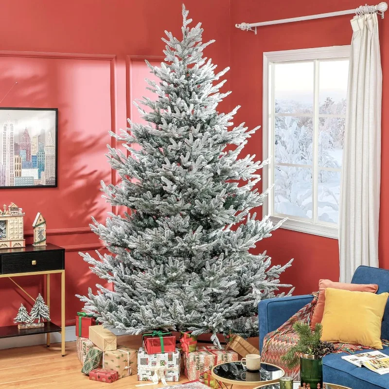 9 Foot Artificial Christmas Tree, Pine Hinged Xmas Tree with 1939 Realistic Branches, Steel Base, Auto Open,Green Snow-Flocked