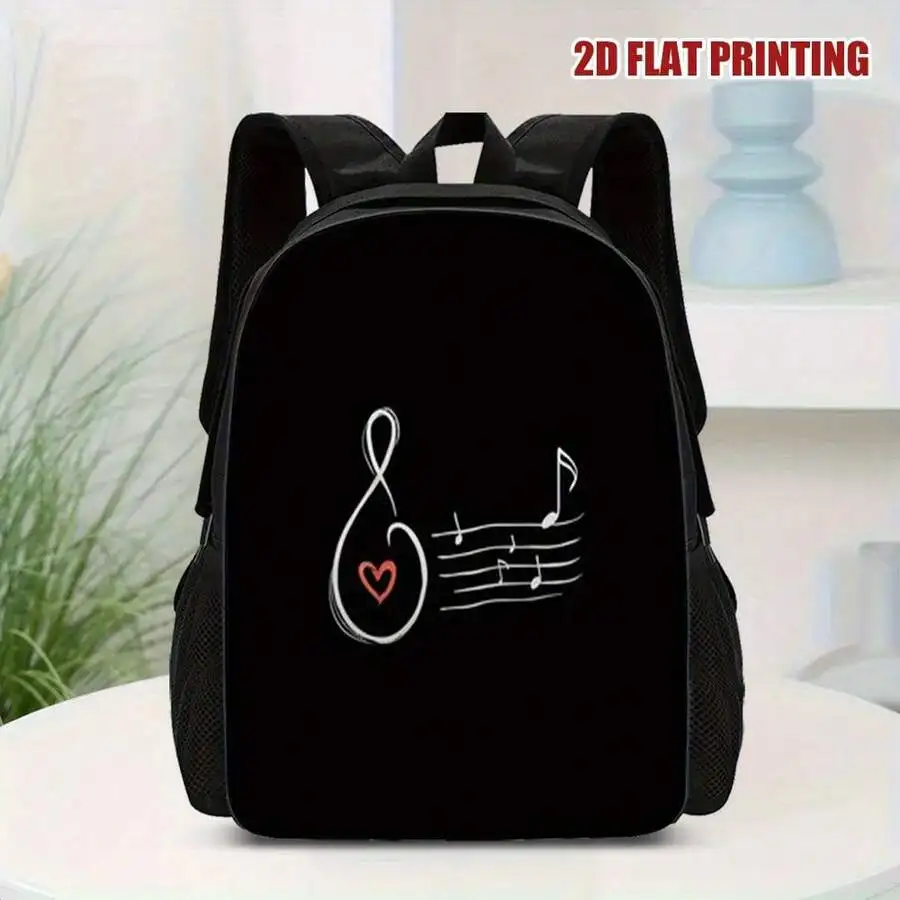 

Large Capacity Music Note Heart Print Backpack With Zipper Closure Double Shoulder Strap For Adults