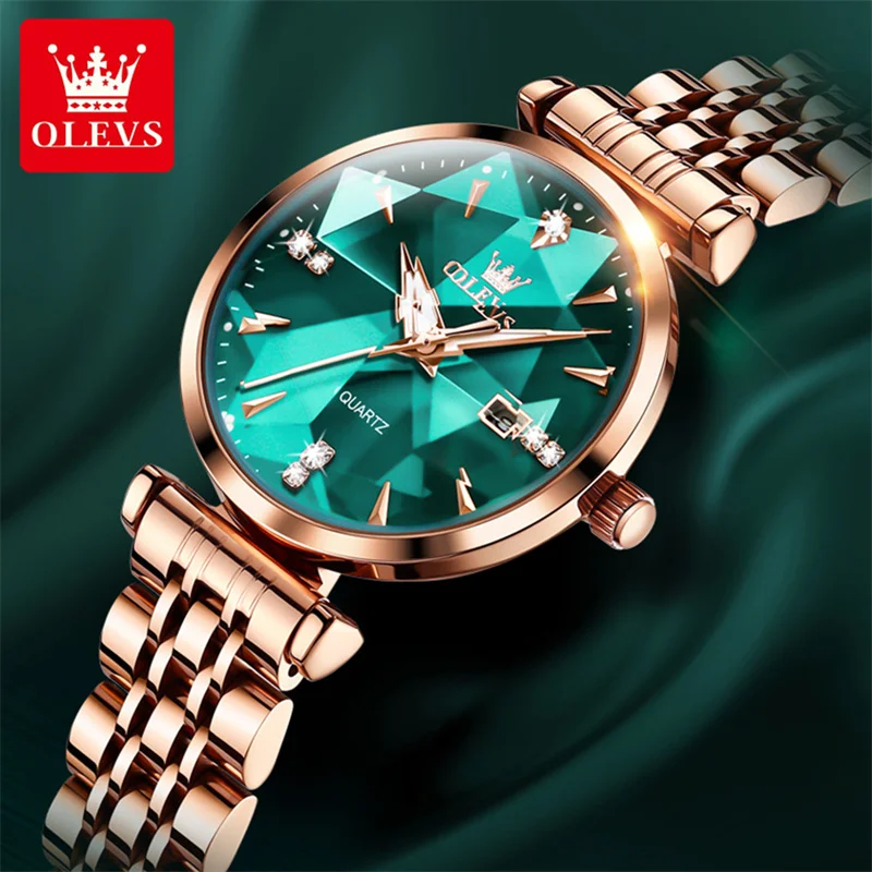 

OLEVS Classic Luxury Women Watch Stainless Steel Green Dial Delicate Waterproof Quartz Casual Dress Ladies Watch Reloj Mujer