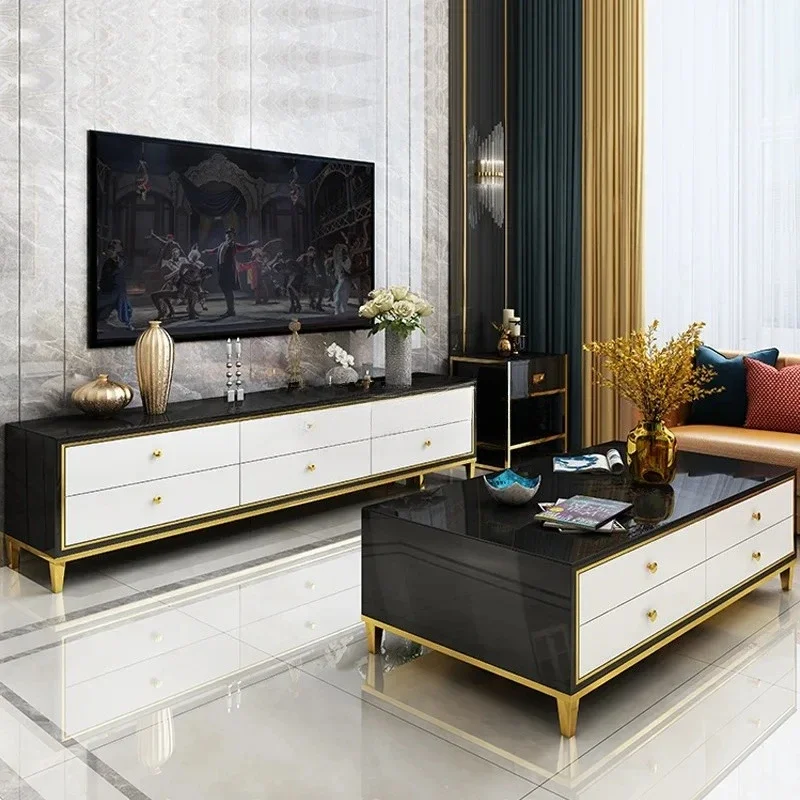 MJY  TV cabinet coffee table combination living room Nordic wind tempered glass black and white contrasting colors