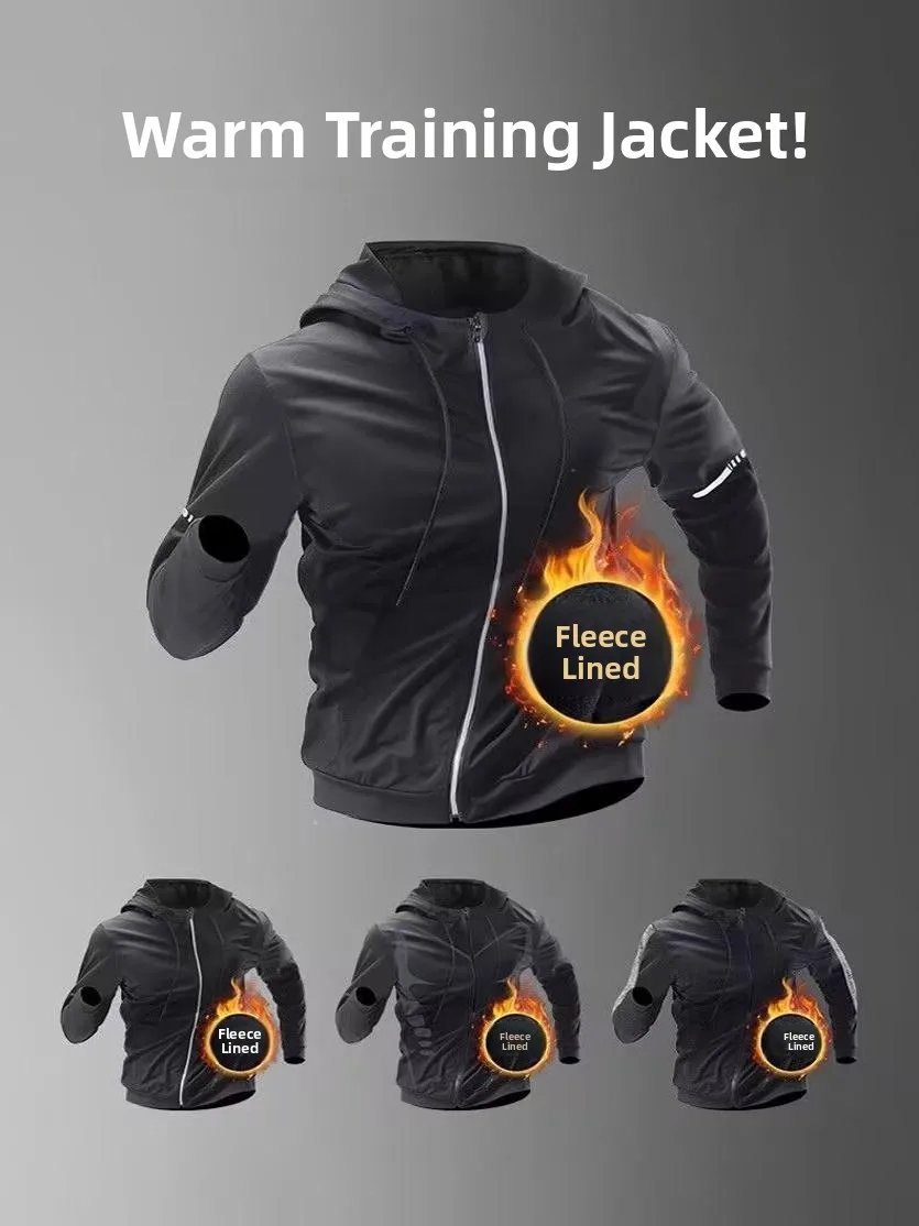 Men's Fleece Lined Hooded Long Sleeve Training Jacket Quick Dry Fitness Equipment Running Sportswear Outerwear Breathable Ant...