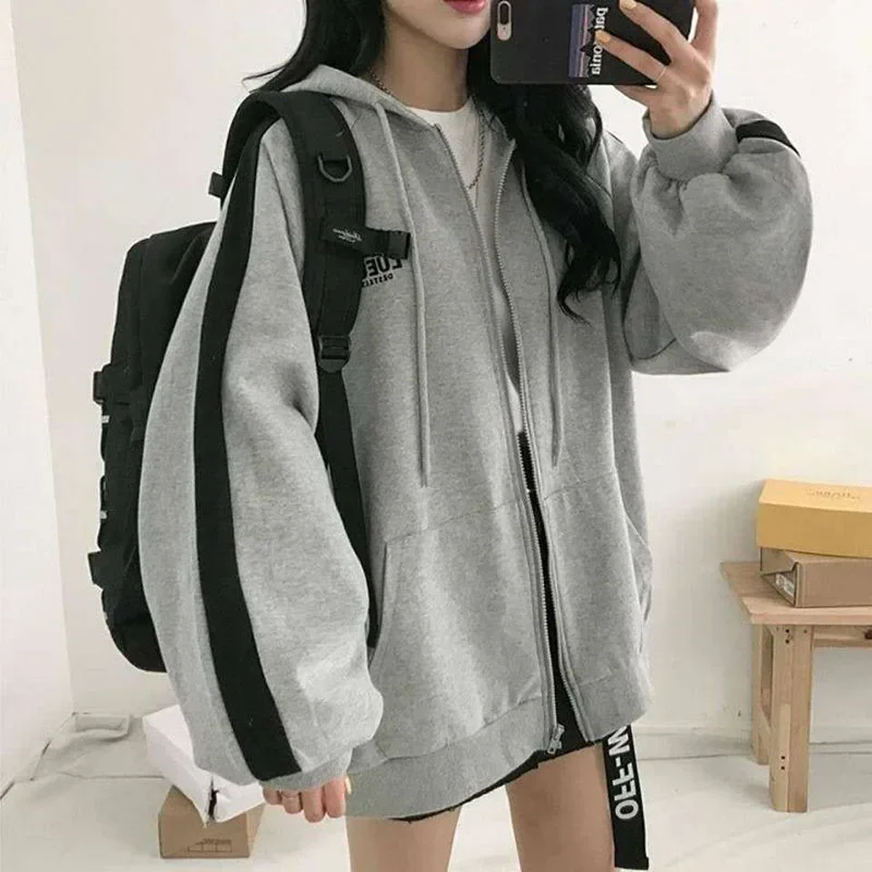 Fall Women Oversized Sweatshirt Harajuku Y2K Drawstring Hooded Zip Up Korean Casual Loose Pocket Female Streetwear Top