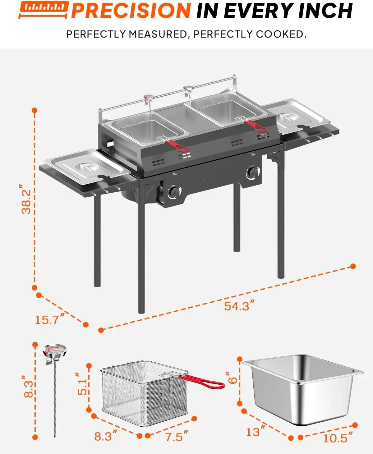 Outdoor Propane Deep Fryer | 8QTx2 Dual Tank Stainless Steel Cooker with Cover Tongs Side Shelves Basket & Thermometer | 40000 B
