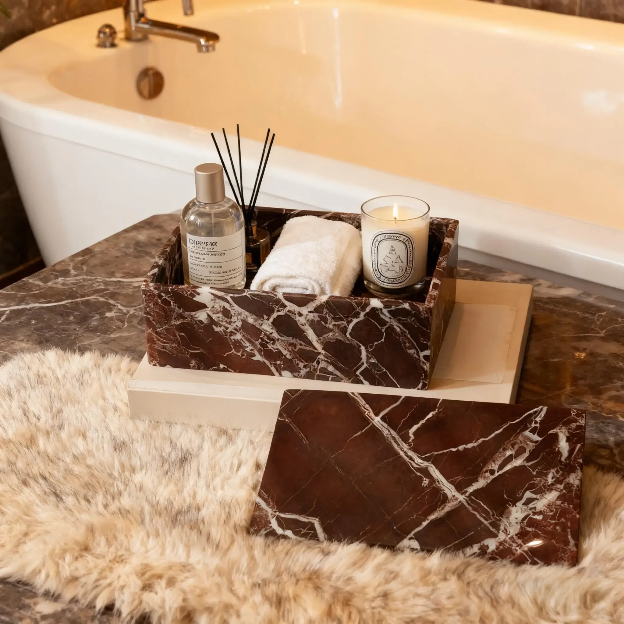 

​Natural Marble Cotton Swab Holder Rectangular Organizer For Qtips, Makeup & Bathroom Vanity, Purple Stone Tray Box​