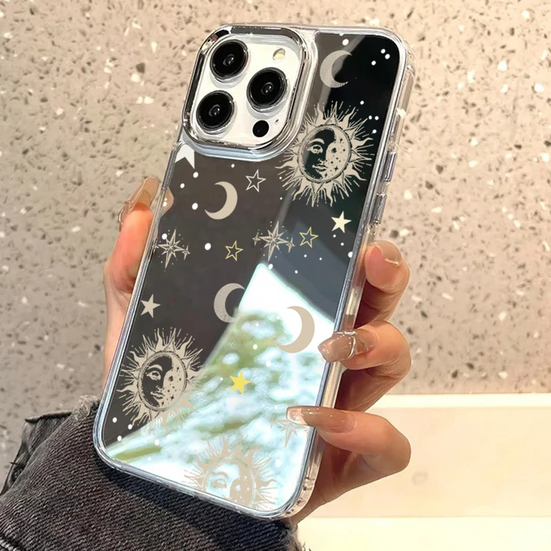 Sun Moon Star Mirror Phone Case for iPhone 16 17 Pro Max 15 14 Plus 11 12 13 Pro Max 16E Transparent Shockproof Protective Cover