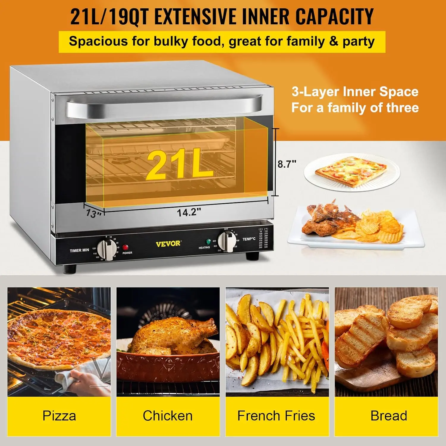 Convection Oven, 21L/19Qt, Quarter-Size Conventional Oven  , 1440W 3-Tier Toaster w/Front Glass Door,