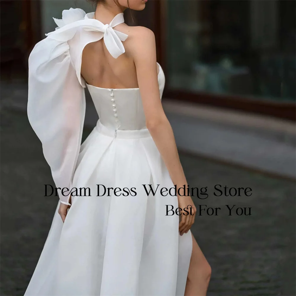 DREAM Two-Pieces Strapless Satin Wedding Dress Flowers Split Open Back One-Shoulder Bridal Gown Vestidos De Novia Customized