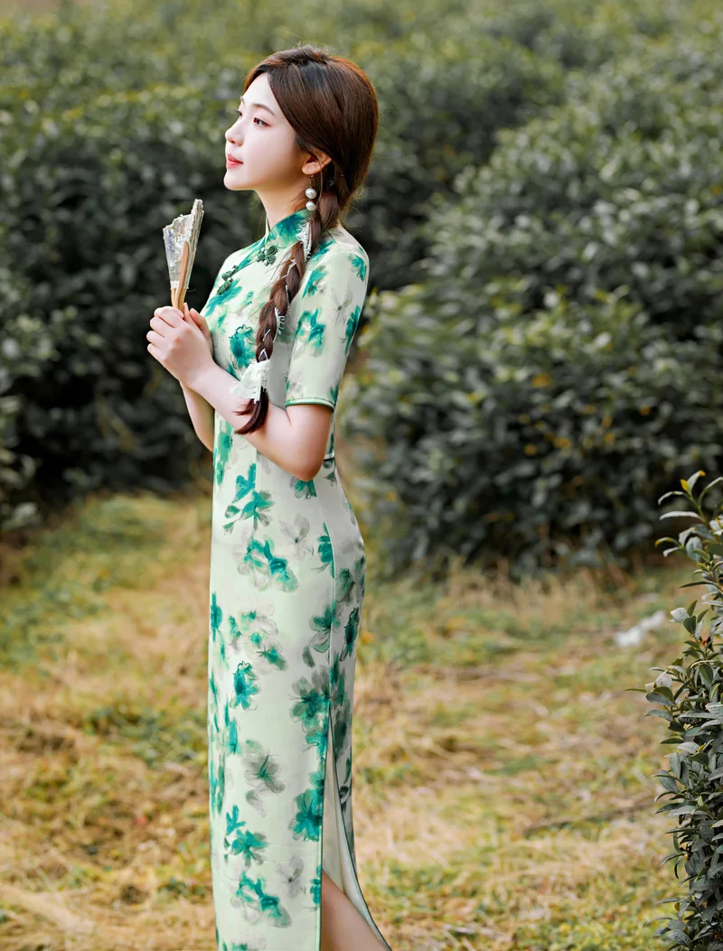 

Fashion Mandarin Collar Cheongsam Dress Chinese Style Green Floral Print Slim Qipao Women Sexy Clothes Retro Banquet Outfit