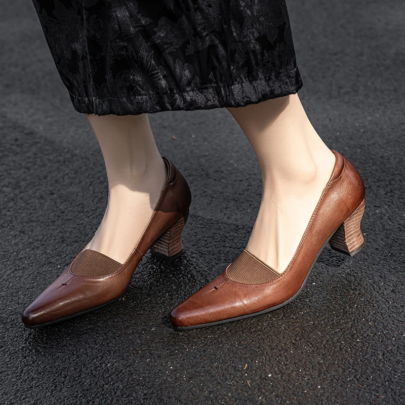 Woman Shoes  New Spring Pumps Pointy Toe French Style Footwear Cow Leather Slip On Strange Heel Handmade Closed Toe Pumps