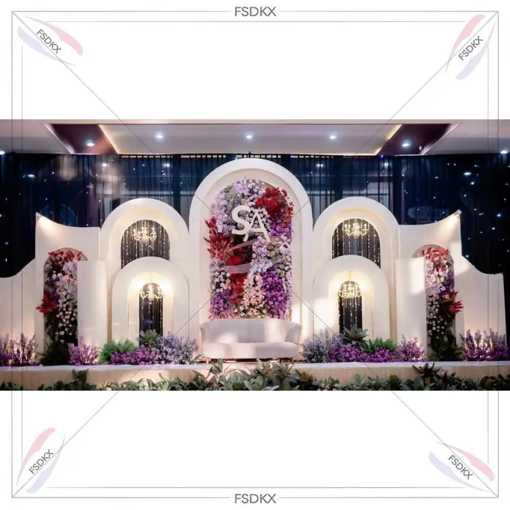 Popular  Customized Led Light White Stage Large Square Acrylic Backdrop Stand with Flowers