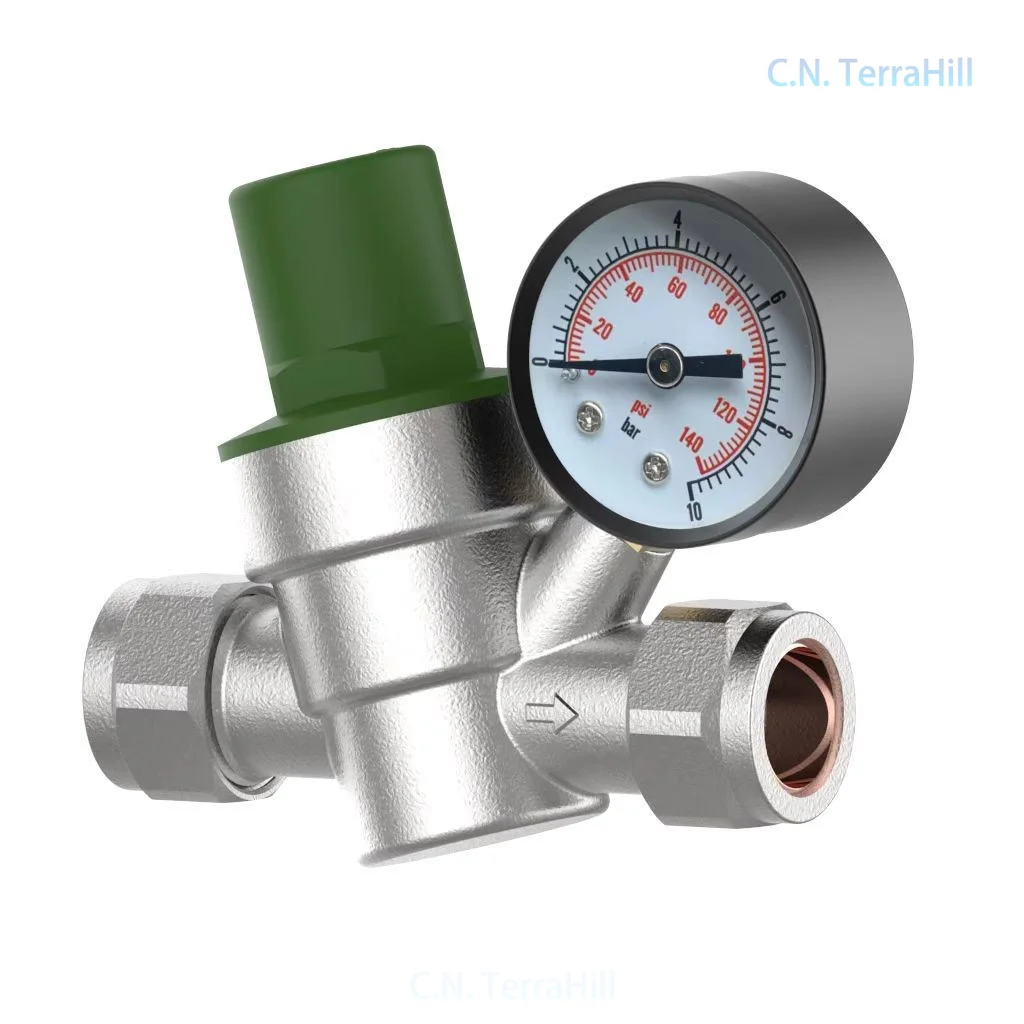 Brass Adjustable Water Pressure Reducing Valve Compression Fit Regulator for Household Water Supply