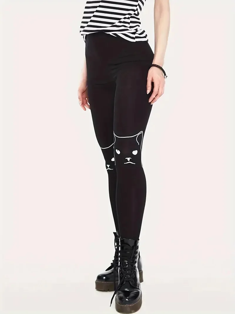 Kitten print casual stretch elastic waist slim-fit leggings for women are worn daily