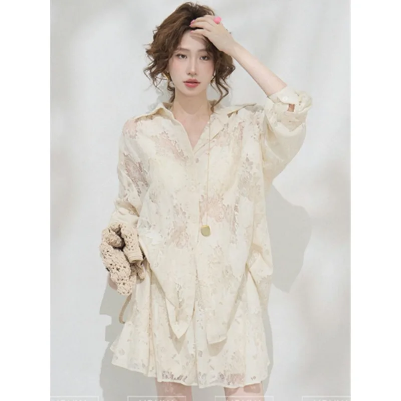 Sunset Monologue Film Lace Long-sleeved Shirt Set, Two-piece Set, French-style Relaxed and Laid-back Short Skirt, Complete Set