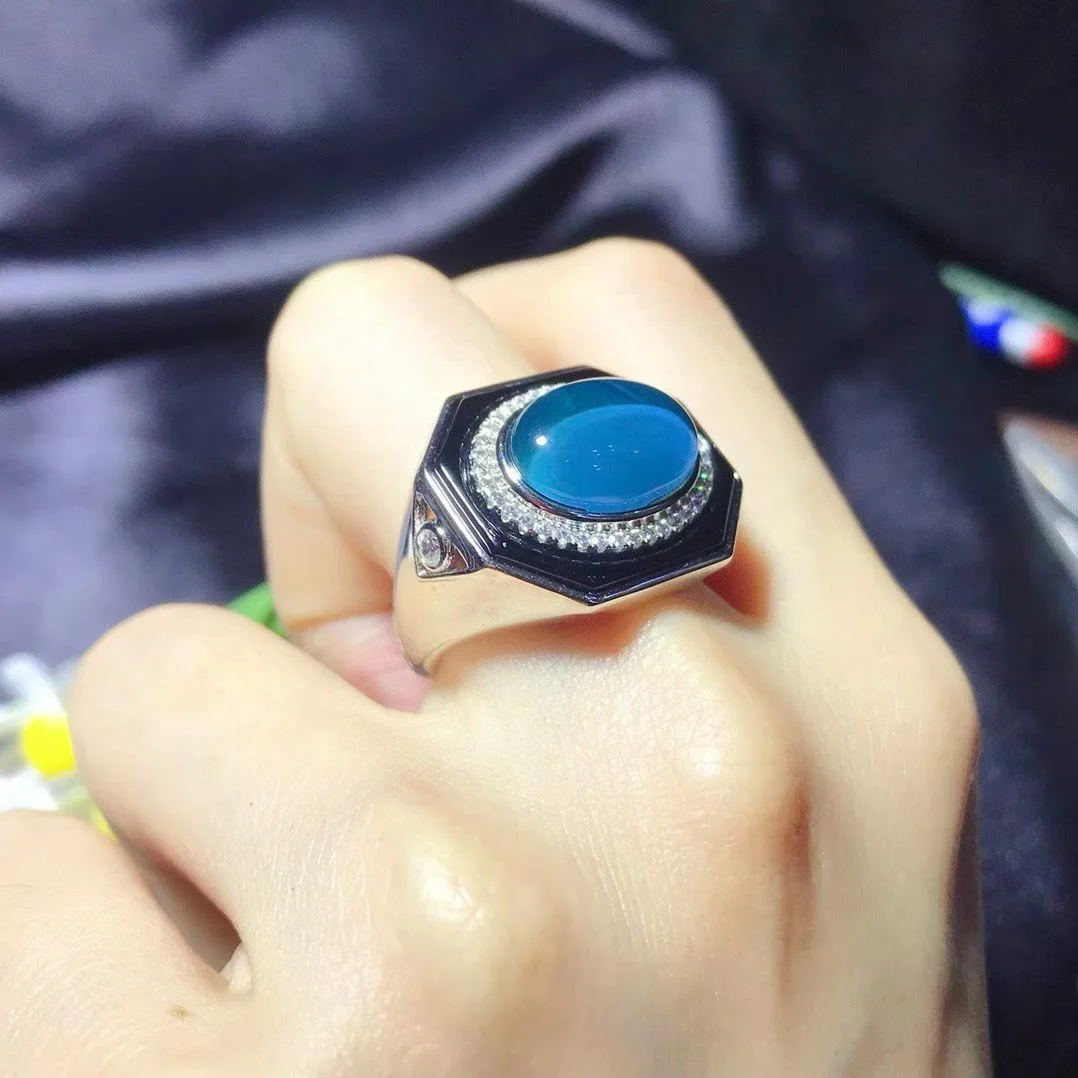 Certificate 925 Silver Natural Blue Amber Black Agate Art Deco Men's Ring With Sparkling Zircon Halo Chunky Band Business Jewel