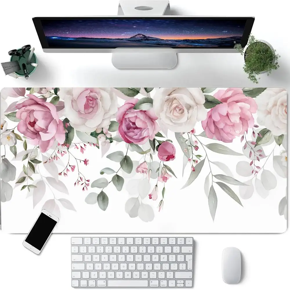 

Cute Flowers Pink Aesthetic Mouse Pad Large Rubber Anti-slip Desk Accessories Mousepad for Office & Gamer Keyboard Mat Decor Rug