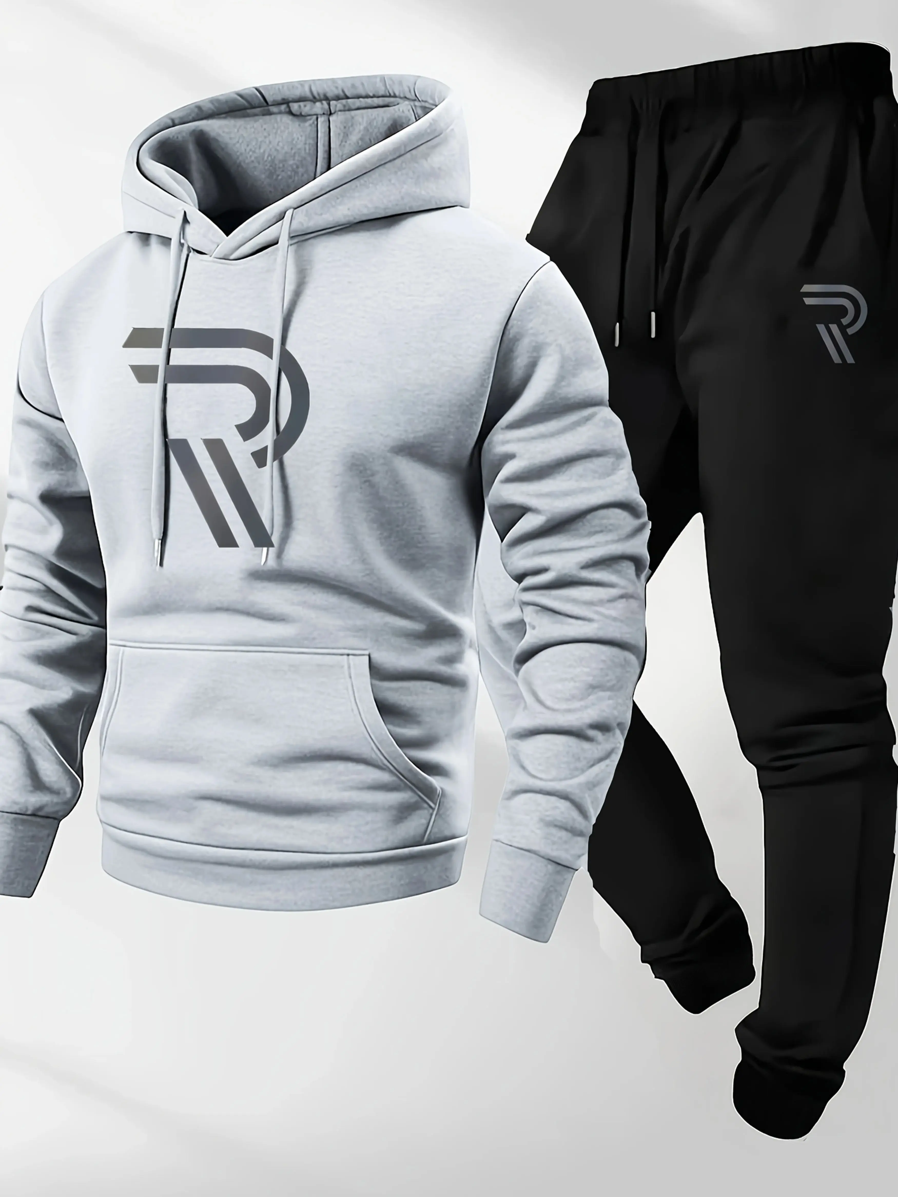 Ensemble sweat à capuche et pantalon de sport deux pièces pour hommes, gris avec logo noir, tissu non extensible, style régulier, poche, suitab