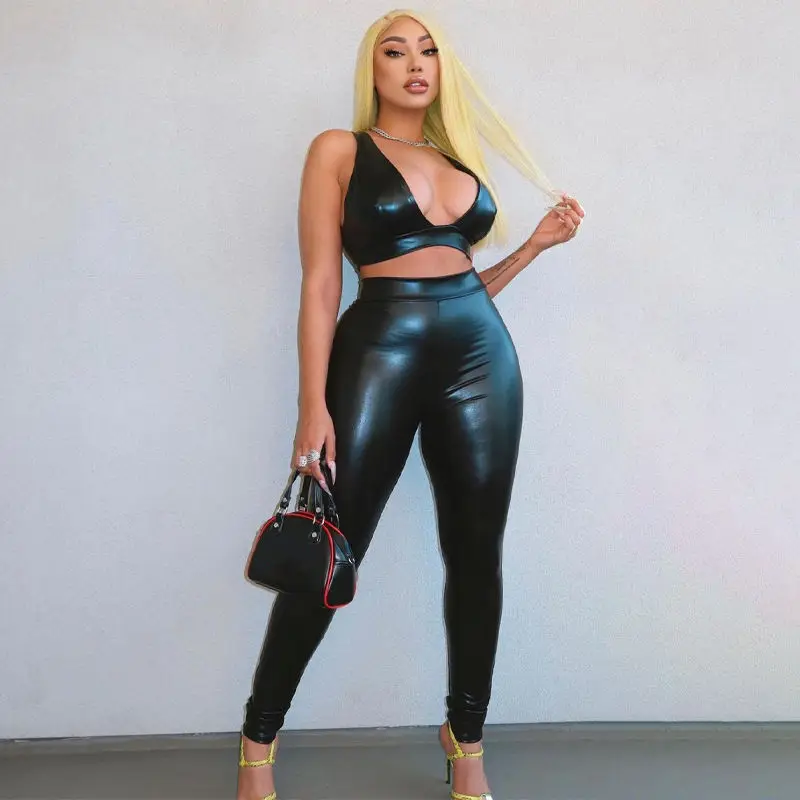 Outdoor Sex Open Crotch PU Trousers Women Leather Pants Sexy Exotic Hotpants Peach Hip Push Leggings Club V-neck Tank Top Set