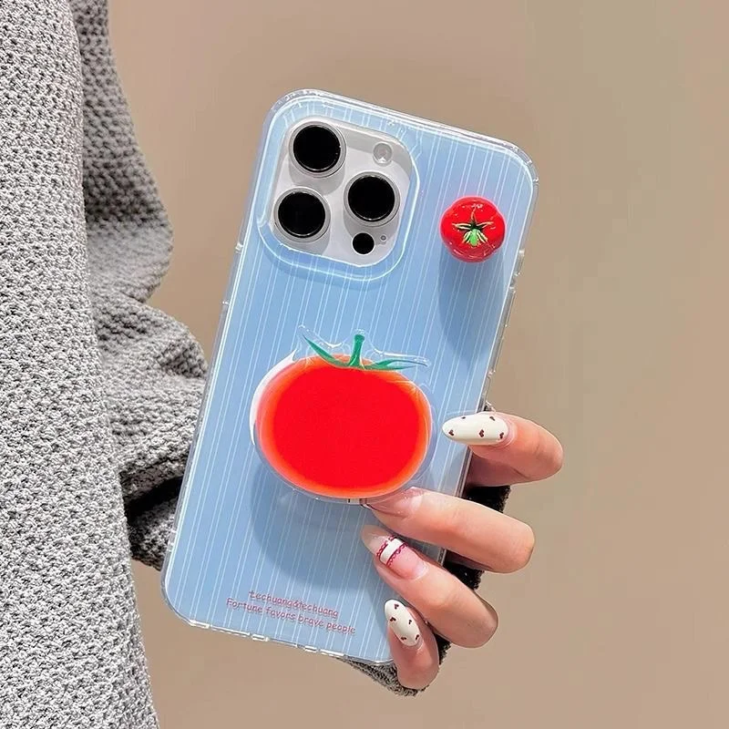 Transparente IND-Handyhülle mit großem Loch und blauem 3D-Tomatengewebe, inklusive Tomatenhalterung, für iPhone 11 12 13 14 15 16 17 18 Pro Max – Detail 3