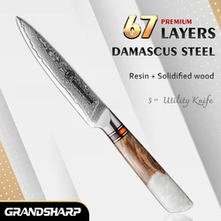 Grandsharp Professional 5 Inch Utility Knife 67 Layers Damascus Steel 10Cr15C0Mov Kitchen Knife with White Resin Handle Gift Box