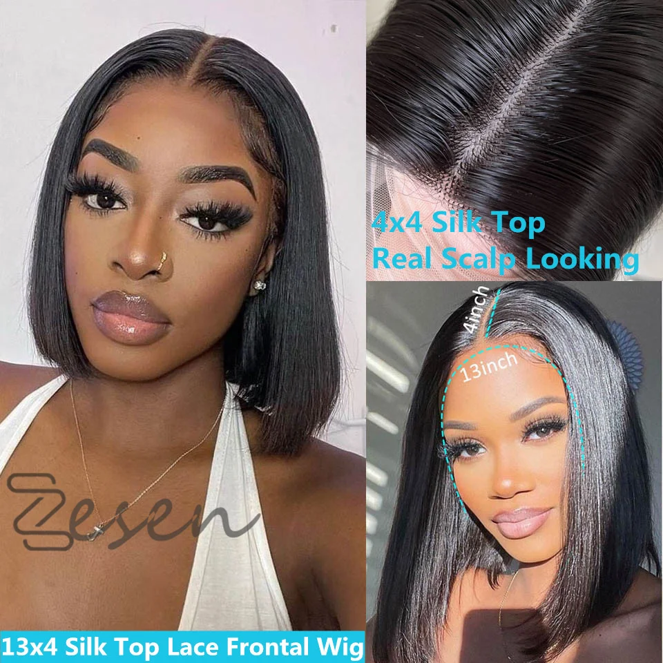 

Short Straight Silk Base Lace Front Wigs For Women Natural Hairline PrePlucked 4x4PU Silk Top Heat Resistant Fiber Synthetic Wig