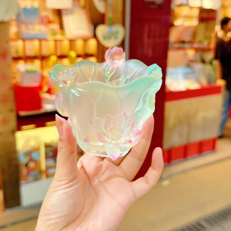 Traditional glass blue gradient lotus cup, tea room desktop ornament gift