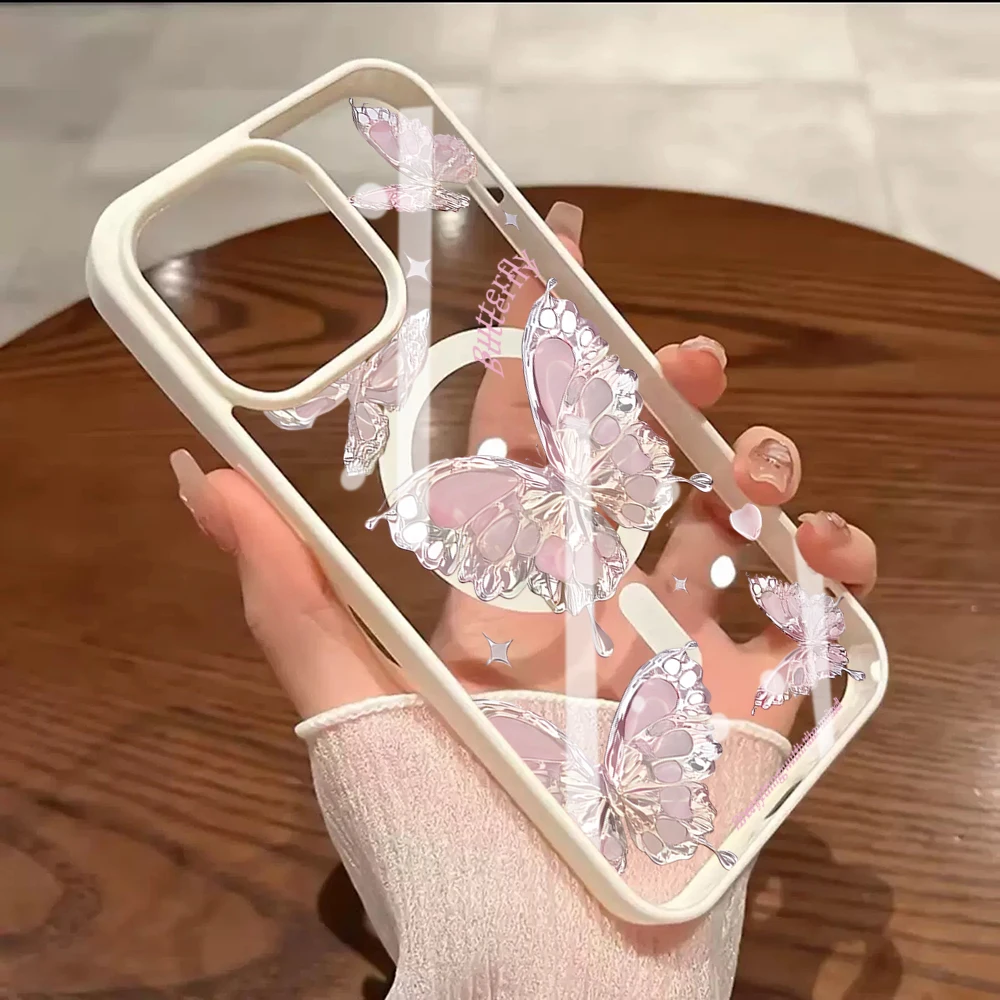 Niedliche Rosa Schmetterling Transparente Hülle für iPhone 17 16 11 15 14 Pro Max 13 12 Plus Hüllen für Magsafe Kabelloses Laden Luxus-Schutzhülle – Detail 1