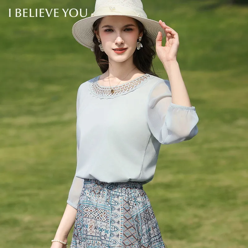 

I BELIEVE YOU Light Blue Chiffon Blouse for Women 2026 Spring Lace Crochet Round Neck Three-quarter Sleeve Casual Top 2261056313