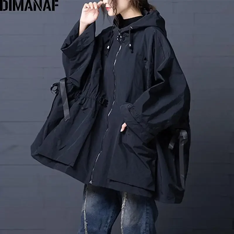 DIMANAF Women Jackets Coats Vintage Lady Outerwear Loose Long Sleeve Hooded Clothing Plus Size Trench Coat 2024 New