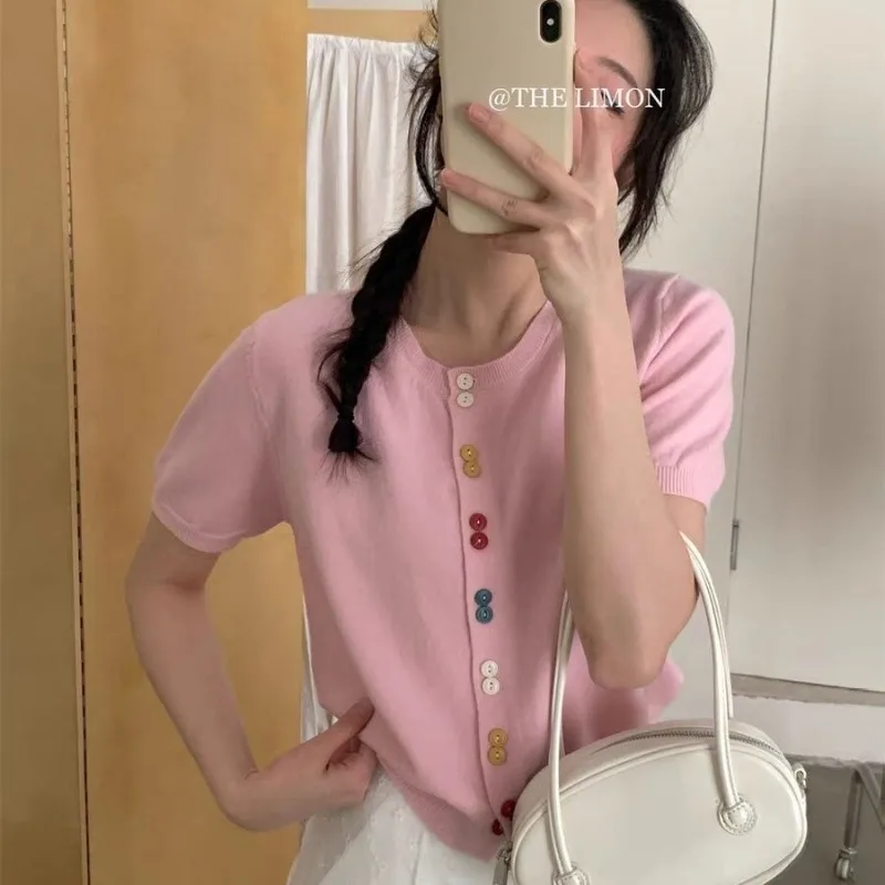 

Summer New Chic Button Vintage Sweet Knitted Cardigan Women's Elegant Slim Solid Color Short Sleeve O-neck Tops