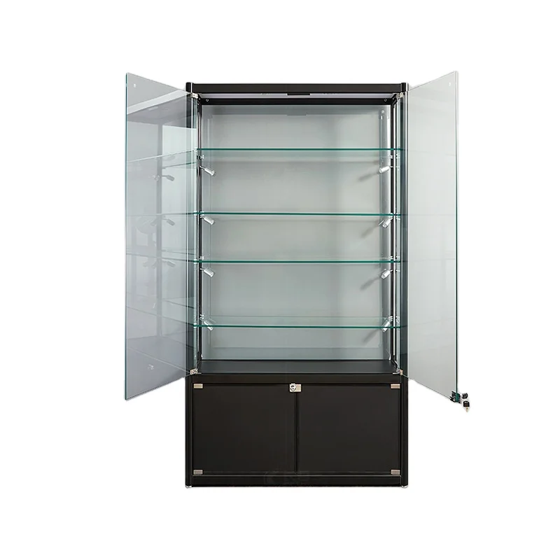 Logotipo de design moderno personalizado armário de exibição de fumaça de vidro de alumínio armário de exibição de loja de jóias com show óptico de vidro