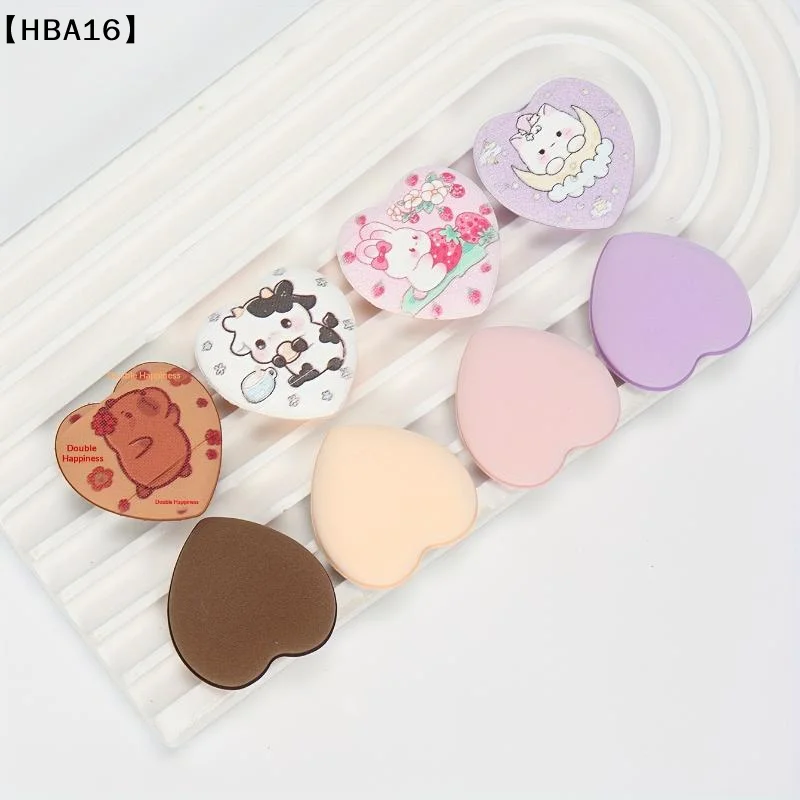 〔HBA16〕10개 프린트 하트 미니 핑거 파우더 퍼프는 물에 노출되면 확장되며, 습식 및 건식 모두 사용할 수 있습니다.